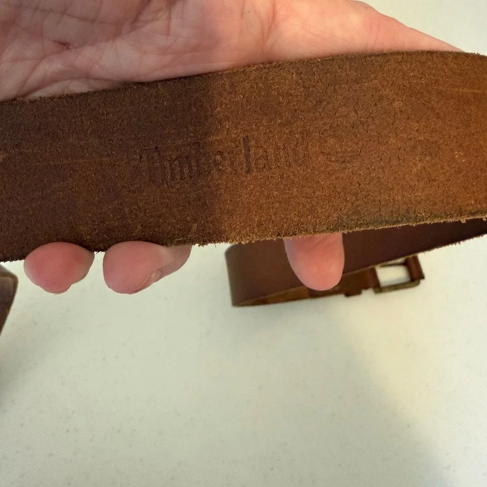 Timberland Mens Leather Belt 40 Brown Rugged Brass Buckle Casual Stitch Detail